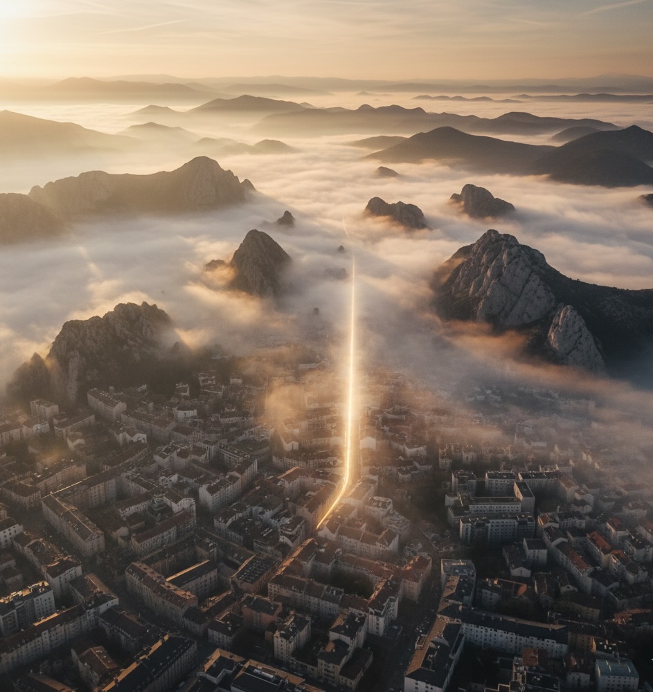 executive coaching for senior leaders illustrated as a single clear glowing path cutting through fog over a complex landscape, symbolising new strategic confidence