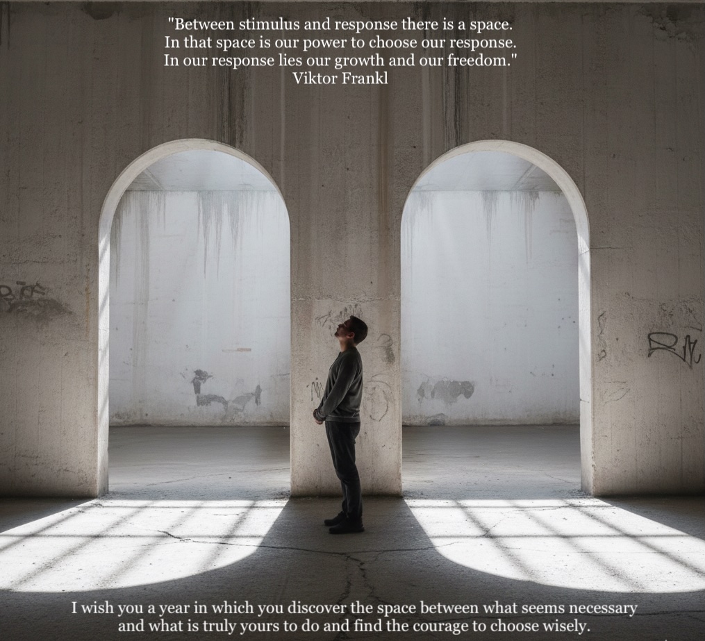 Space between stimulus and response illustrated by a person standing between two arches, symbolising choice and freedom