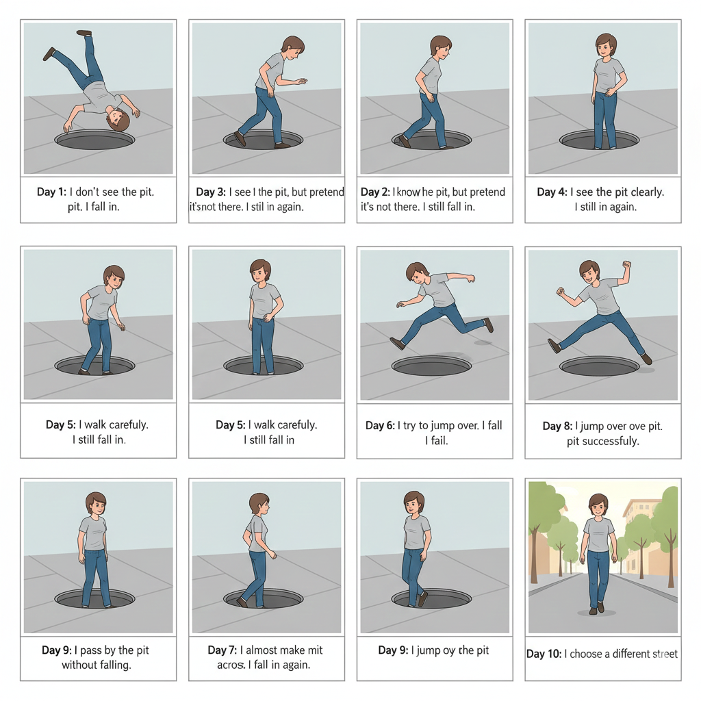 systemic coaching illustrated by a person repeatedly falling into the same pit on the sidewalk and then choosing a different street